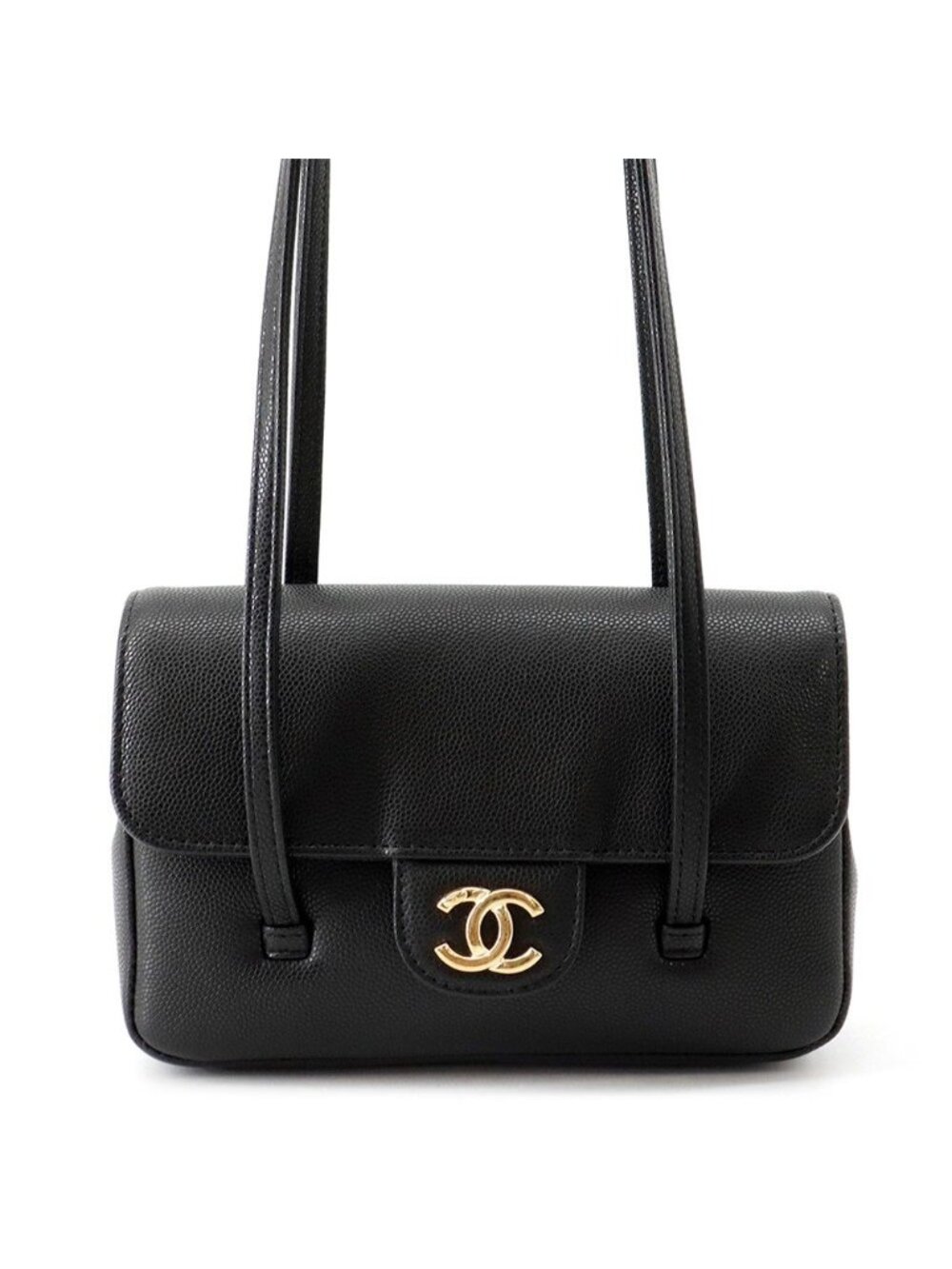 Chanel Shoulder Bag Strap Clutch CC Logo Caviar Leather 26 Pre Collection Black